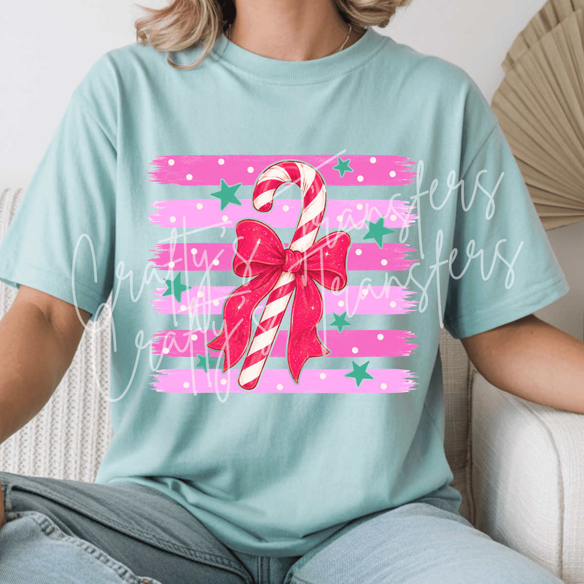 Pink Candy Cane Bow DTF Transfer – Girly Christmas Candy Design – Coquette Holiday DTF