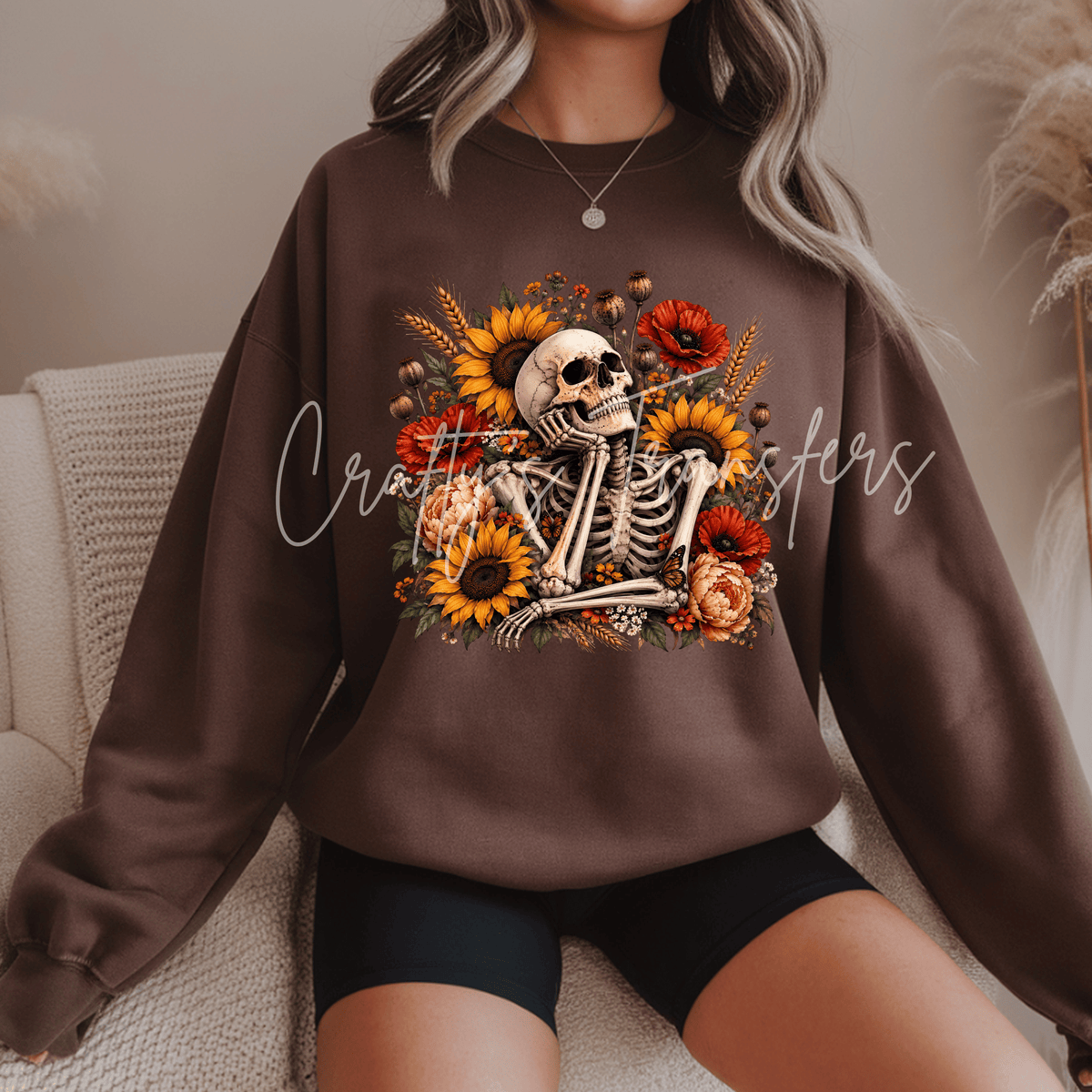 Floral Skeleton DTF Transfer – Sunflower Skull Fall Shirt Design – Gothic Autumn DTF