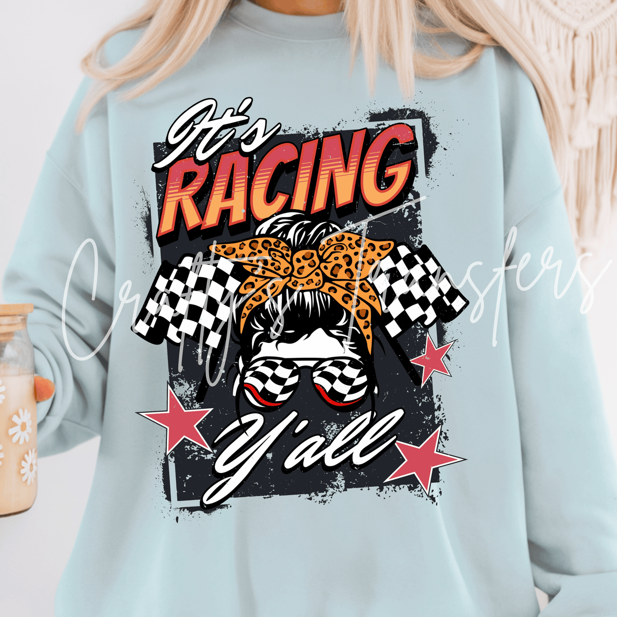 Racing Girl DTF Transfer – Checkered Flag Messy Bun Design – Girly Race Day DTF