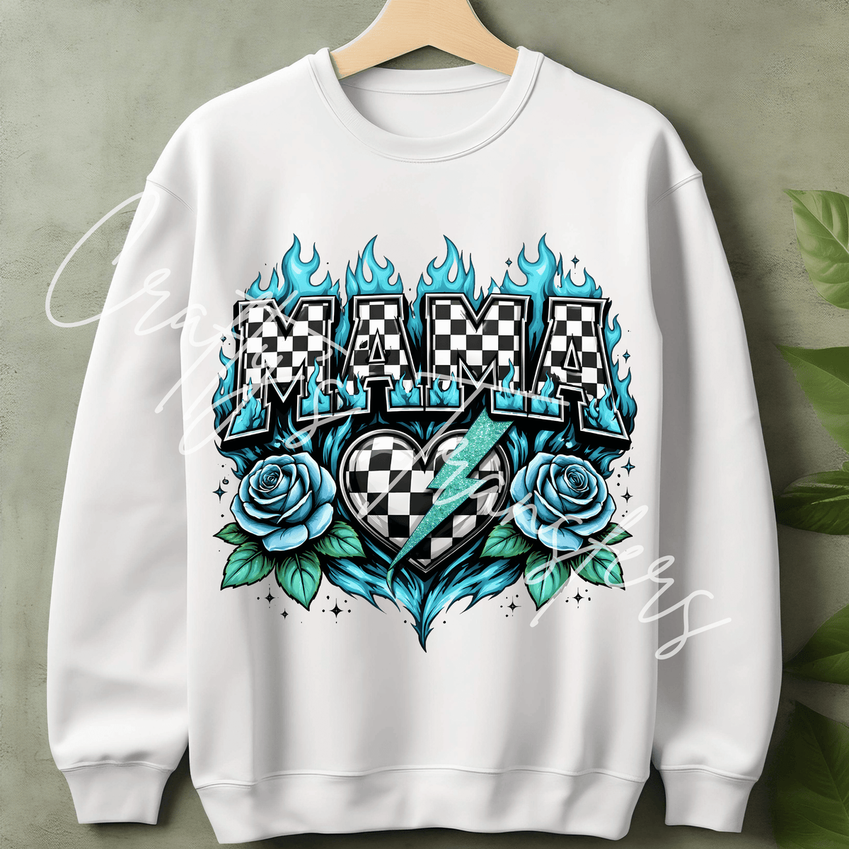 Racing Mama DTF Transfer – Blue Flame Checkered Mama Shirt Design – Race Mom DTF