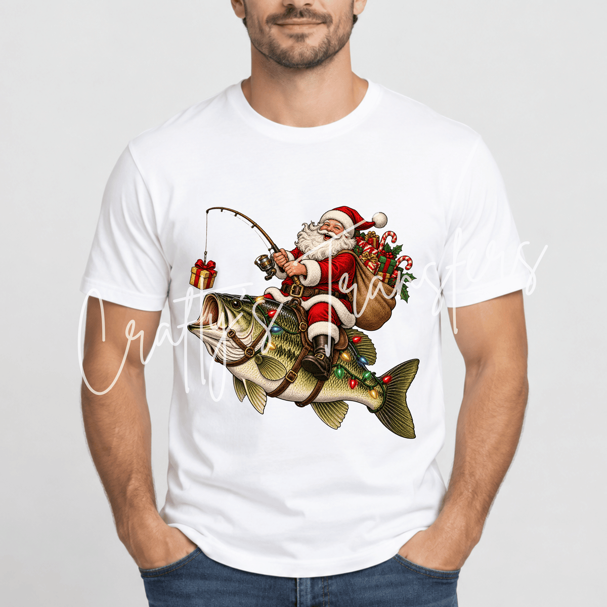 Fishing Santa DTF Transfer – Christmas Bass Fishing Shirt Design – Holiday Fisherman DTF