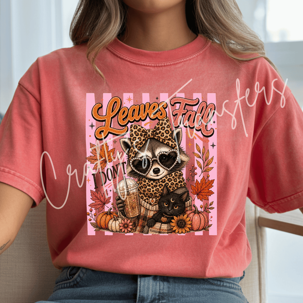 Fall Raccoon & Black Cat DTF Transfer – Leopard Coffee Autumn Shirt Design – Girly Fall DTF