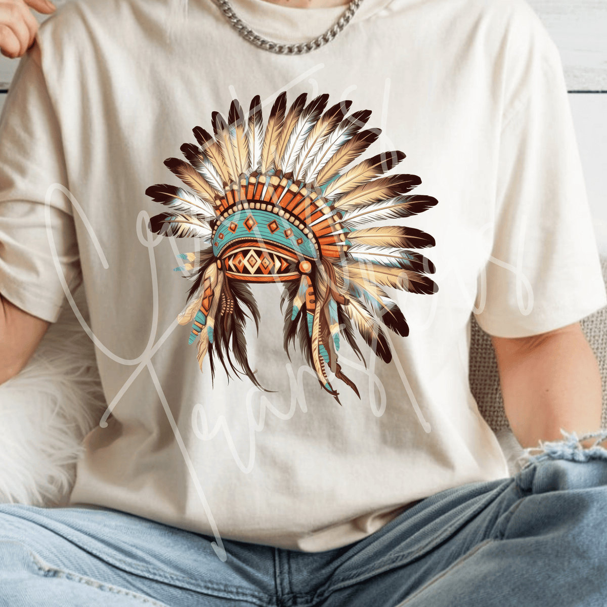 Native American Feather Headdress DTF Transfer – Turquoise Native Inspired Shirt Design