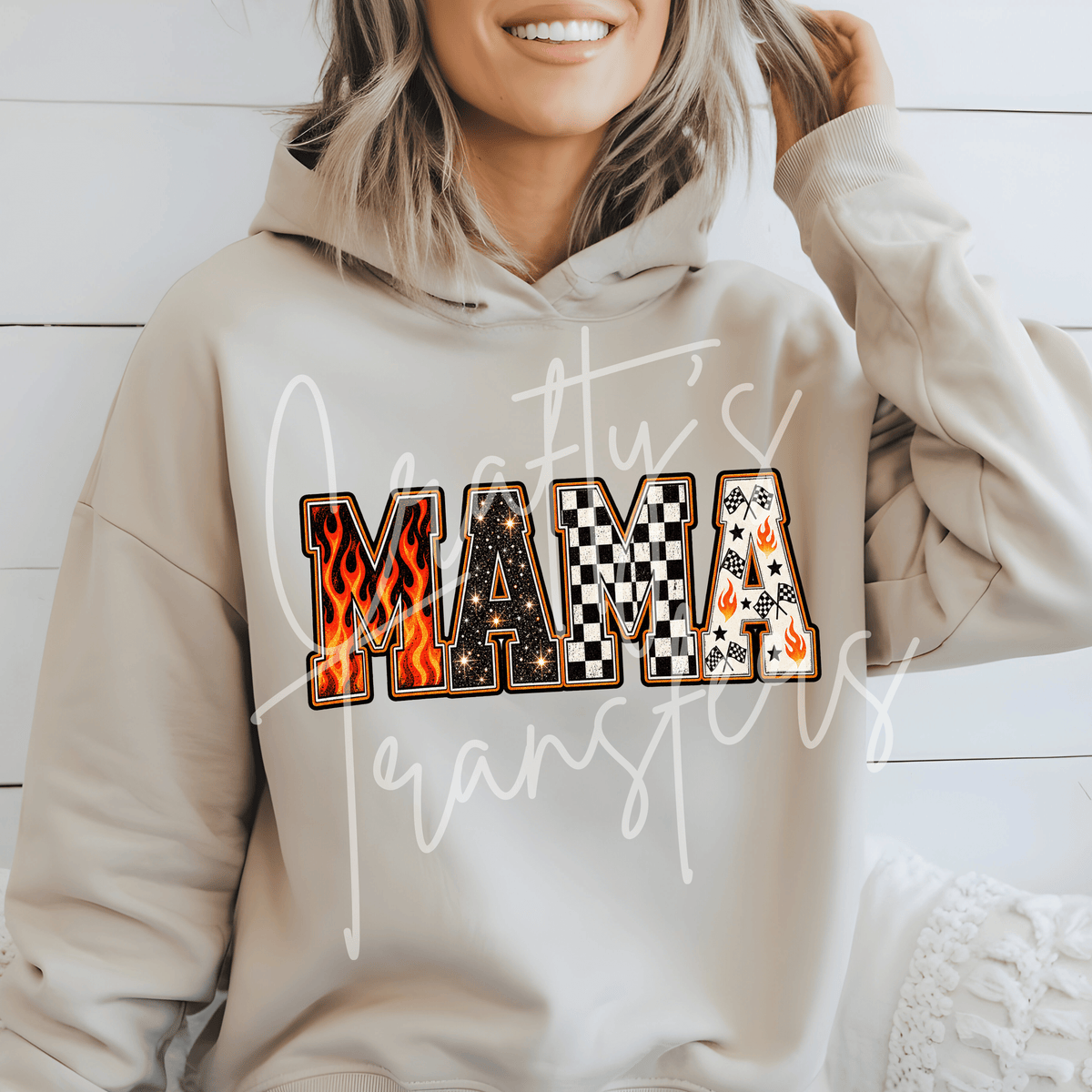Racing Mama DTF Transfer – Checkered Flag Flame Shirt Design – Retro Race Day DTF