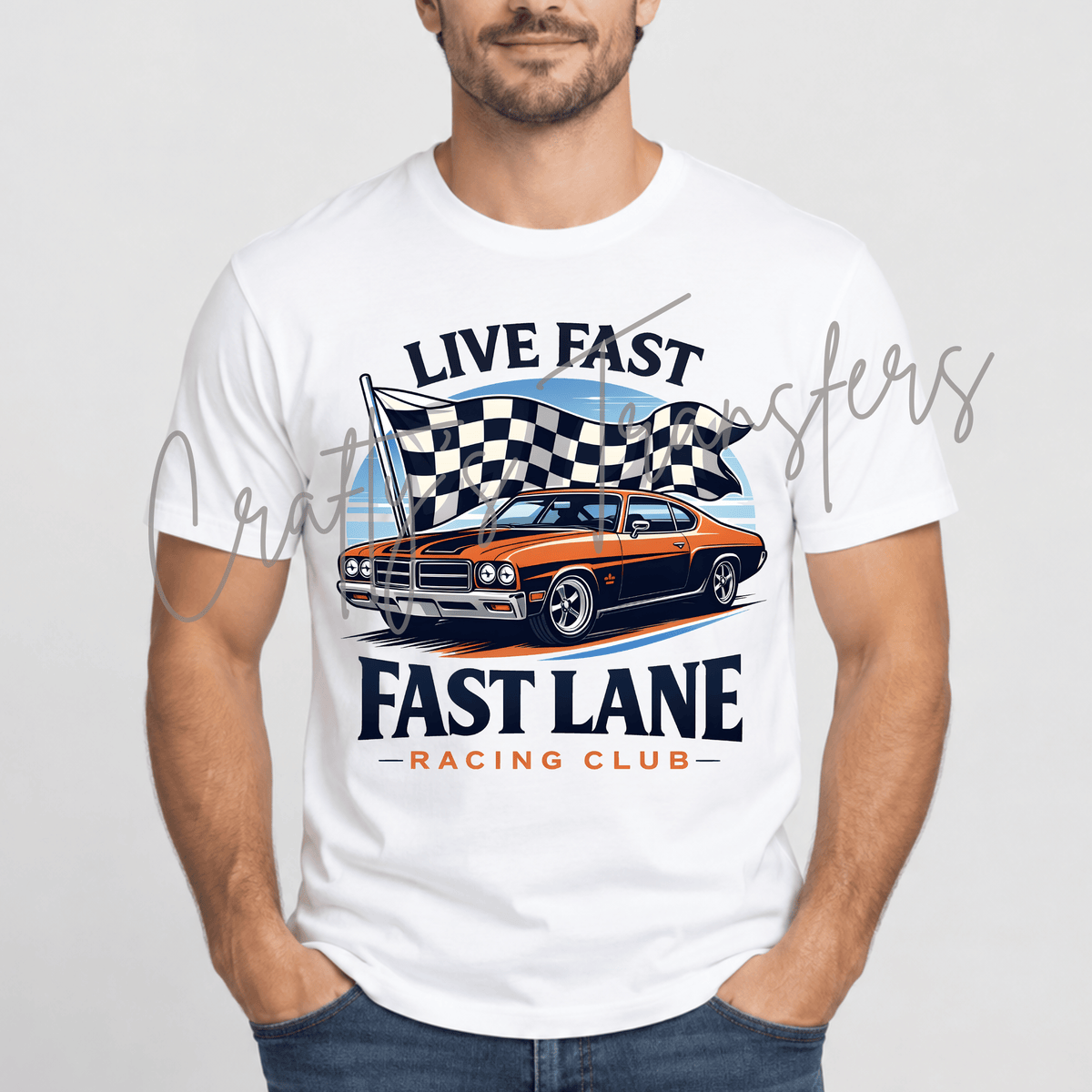 Vintage Muscle Car DTF Transfer – Retro Racing Shirt Design – Checkered Flag Race Day DTF