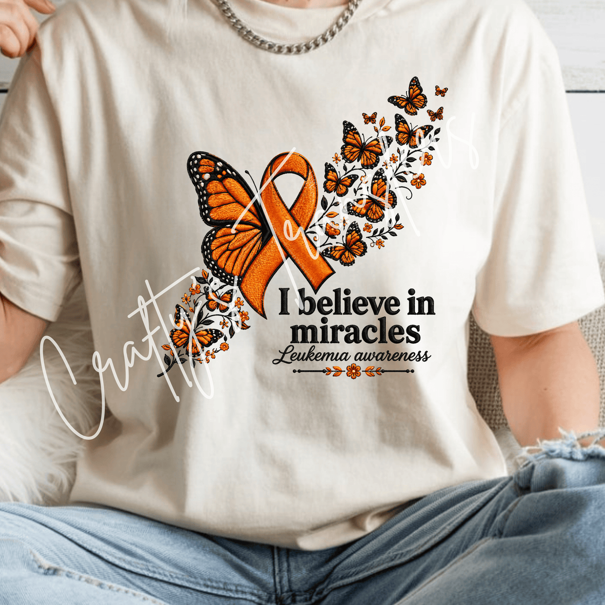 Leukemia Awareness DTF Transfer – Orange Ribbon Butterfly Shirt Design – Hope & Support DTF