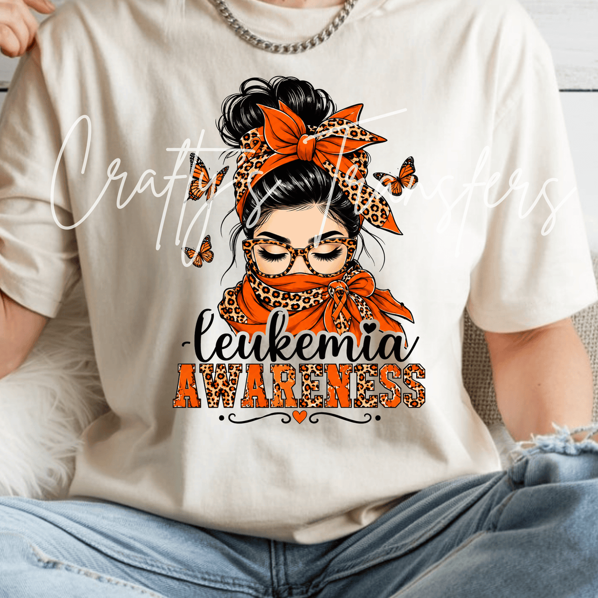 Leukemia Awareness DTF Transfer – Orange Ribbon Messy Bun Shirt Design – Butterfly Support DTF