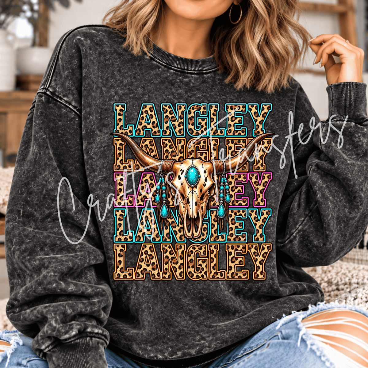 Western Longhorn DTF Transfer – Leopard Turquoise Cow Skull Shirt Design – Personalized Name DTF