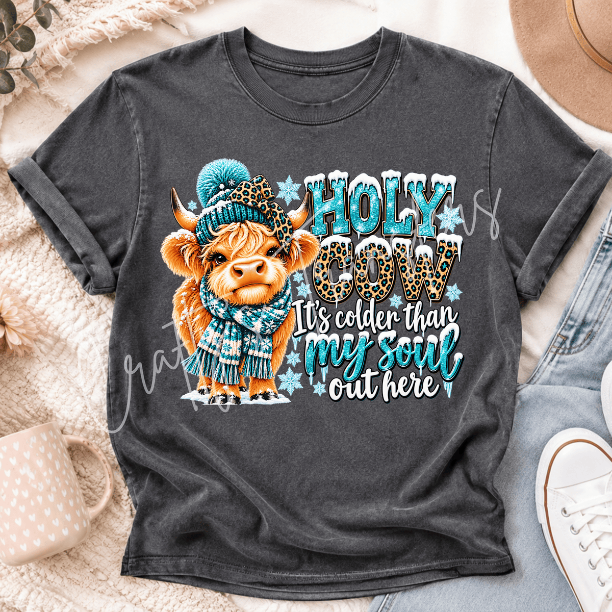 Winter Highland Cow DTF Transfer – Teal Leopard Snow Cow Shirt Design – Cozy Winter DTF