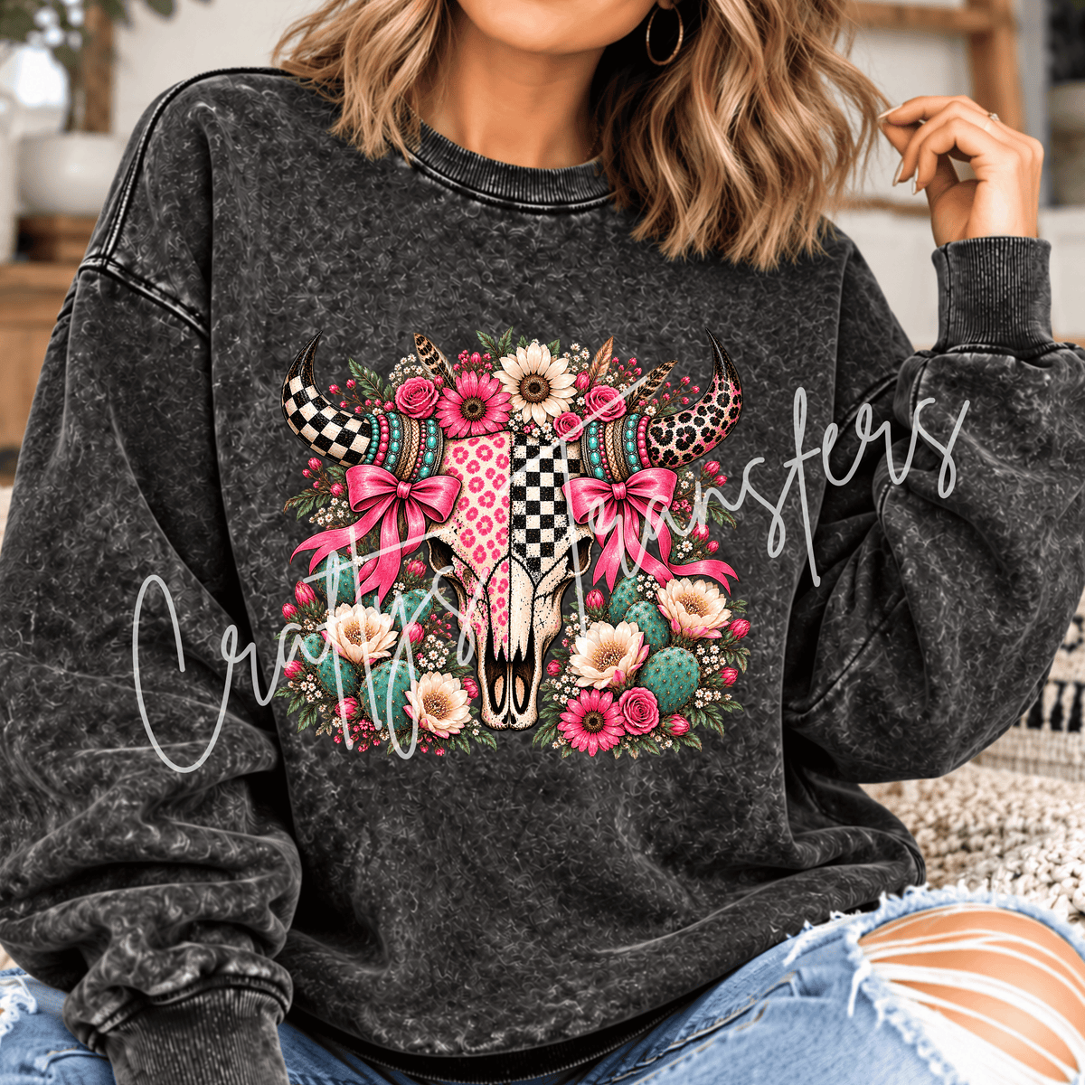 Pink Western Cow Skull DTF Transfer – Floral Longhorn Bow Shirt Design – Turquoise Cowgirl DTF
