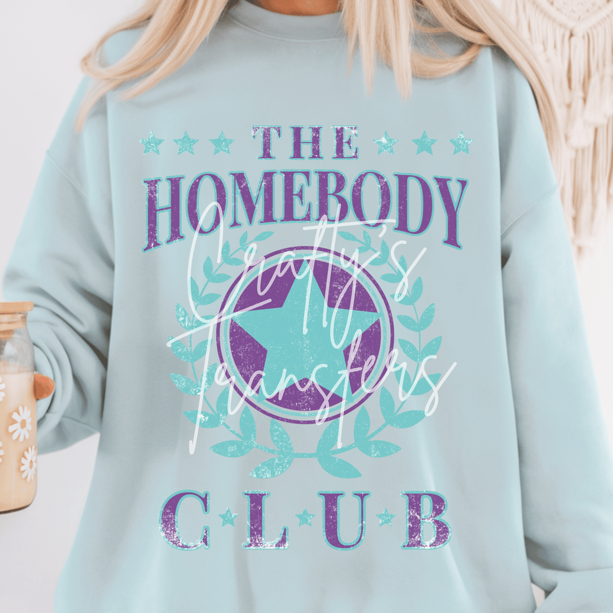 Retro Homebody DTF Transfer – Cozy Club Shirt Design – Teal Purple Vintage Style DTF