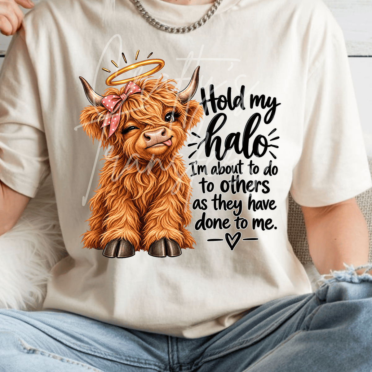 Sassy Highland Cow DTF Transfer – Funny Pink Bow & Halo Cow Graphic