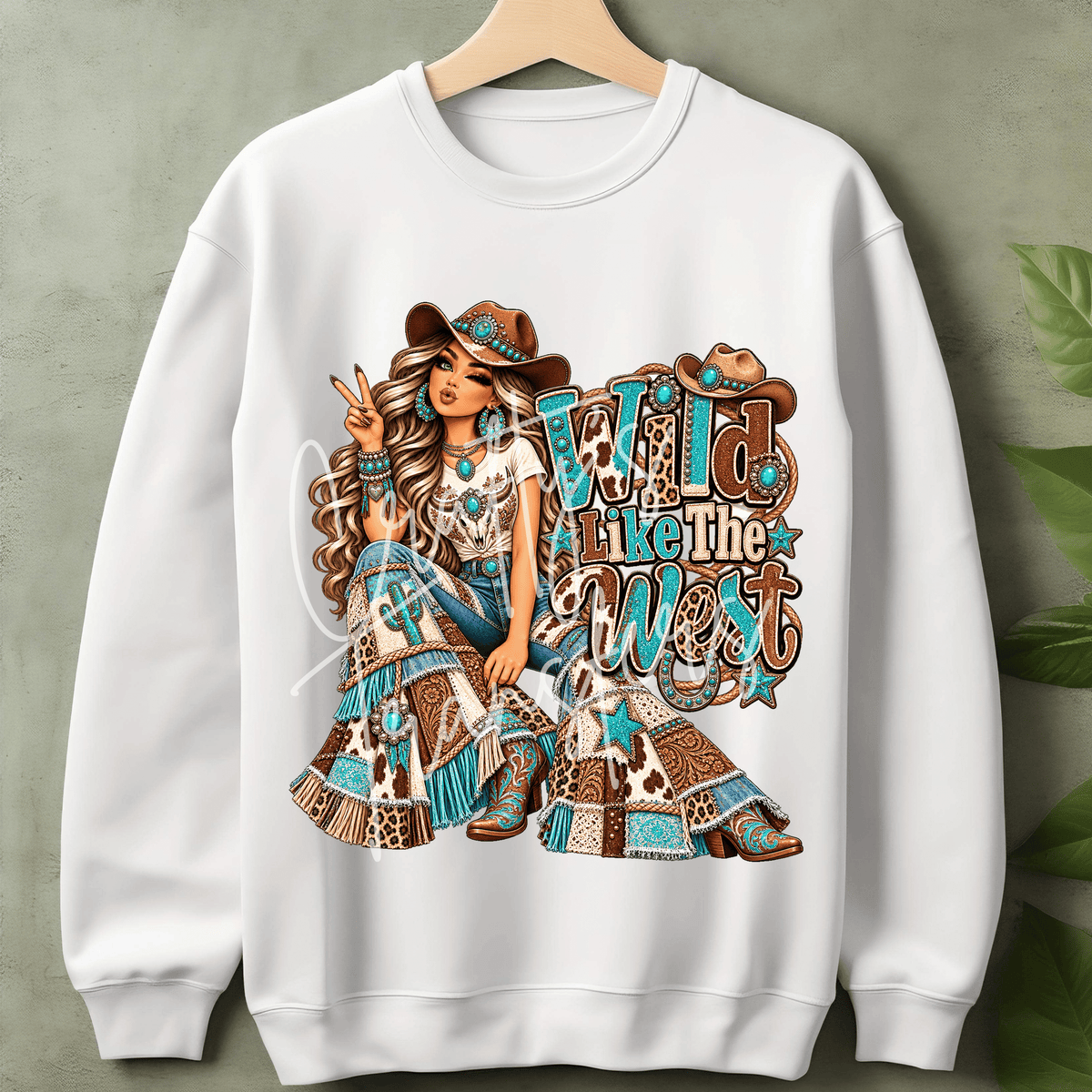 Western Glam Cowgirl DTF Transfer – Turquoise Leopard Patchwork Shirt Design – Cowgirl Western DTF