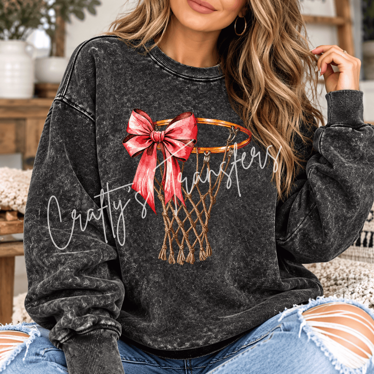 Pink Bow Basketball Hoop DTF Transfer – Girly Basketball Shirt Design – Coquette Sports DTF
