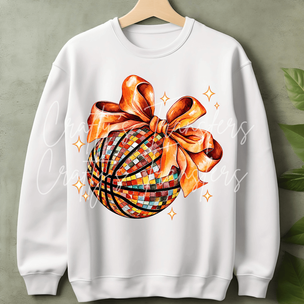 Disco Basketball DTF Transfer – Orange Bow Mosaic Basketball Design – Girly Game Day DTF