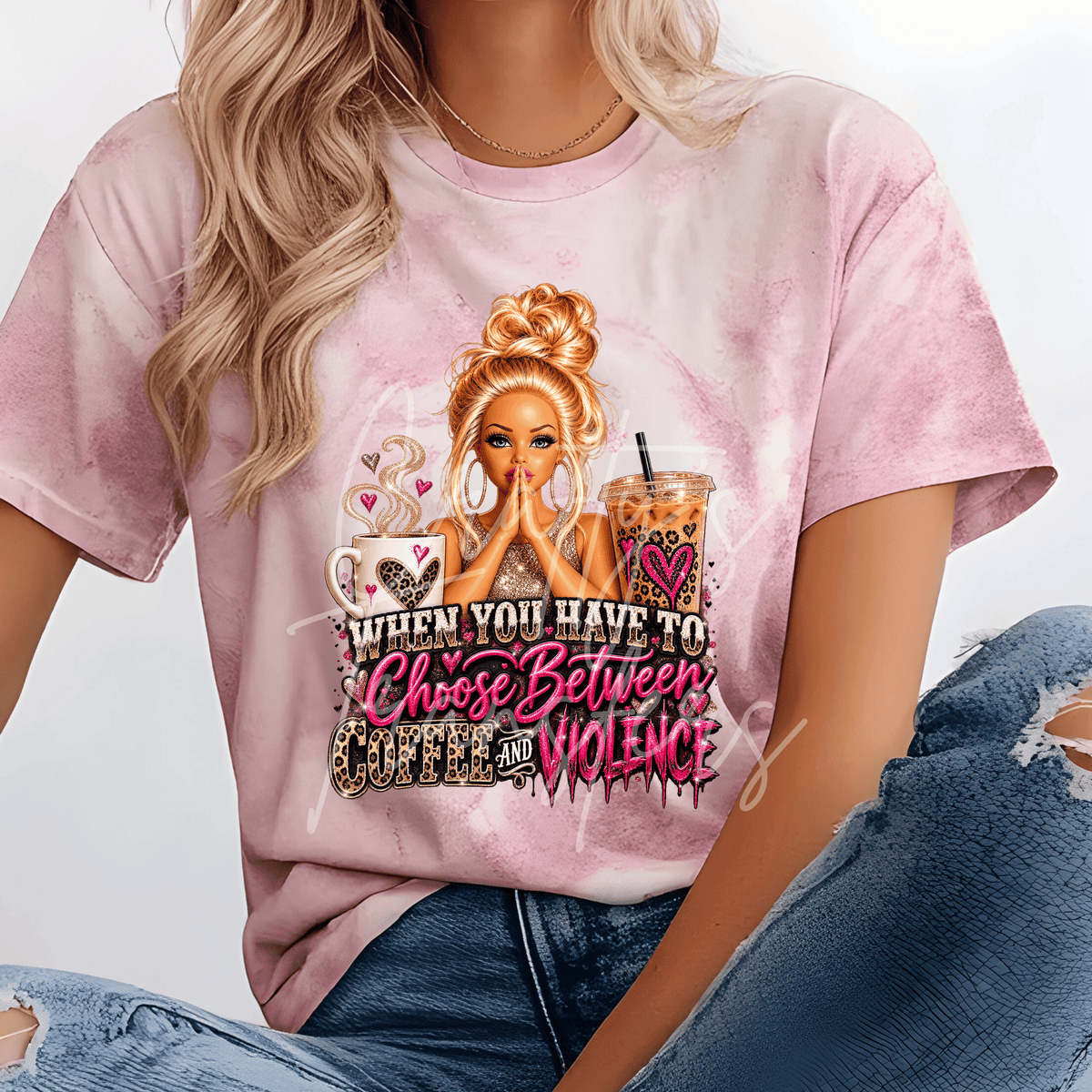 Sassy Coffee Lover DTF Transfer – Pink Leopard Coffee Girl Shirt Design – Funny Caffeine DTF