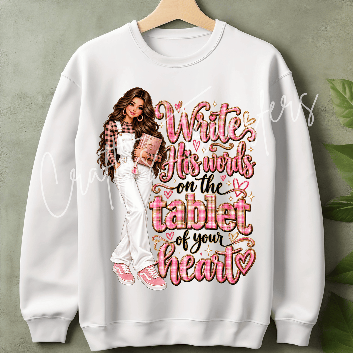 Write His Words on Your Heart DTF Transfer – Brunette Christian Glam Girl – Pink Plaid Faith Design – Ready to Press DTF