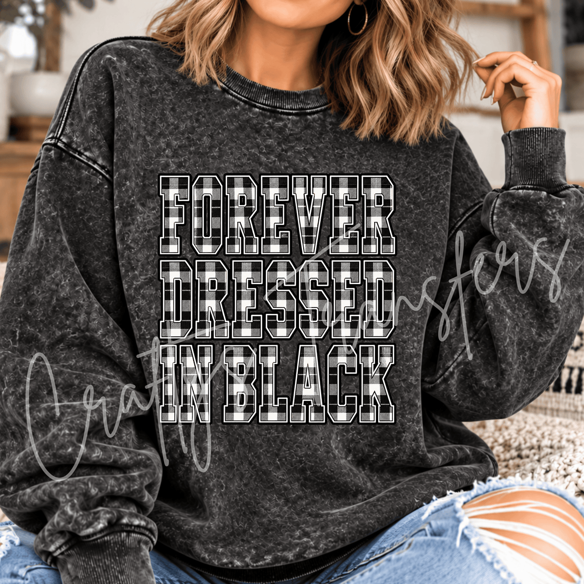 Black Plaid Fashion DTF Transfer – Monochrome Varsity Lettering – Alternative All Black Graphic – Ready to Press DTF