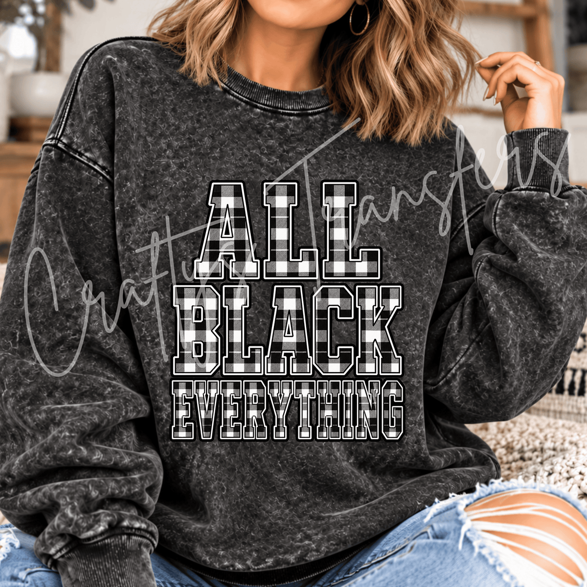 All Black Plaid DTF Transfer – Black & White Checkered Typography – Alternative Fashion Graphic – Ready to Press DTF