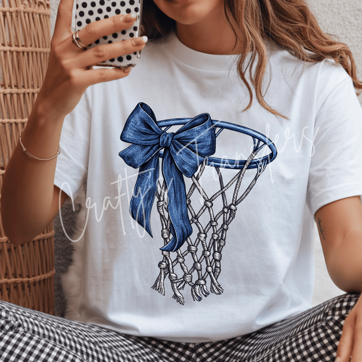 Blue Bow Basketball DTF Transfer – Denim Bow Hoop Graphic – Girly Basketball Ready to Press DTF