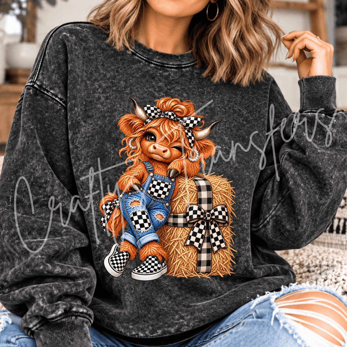 Highland Cow DTF Transfer – Checkered Bow Farm Girl Graphic – Cute Country Ready to Press DTF
