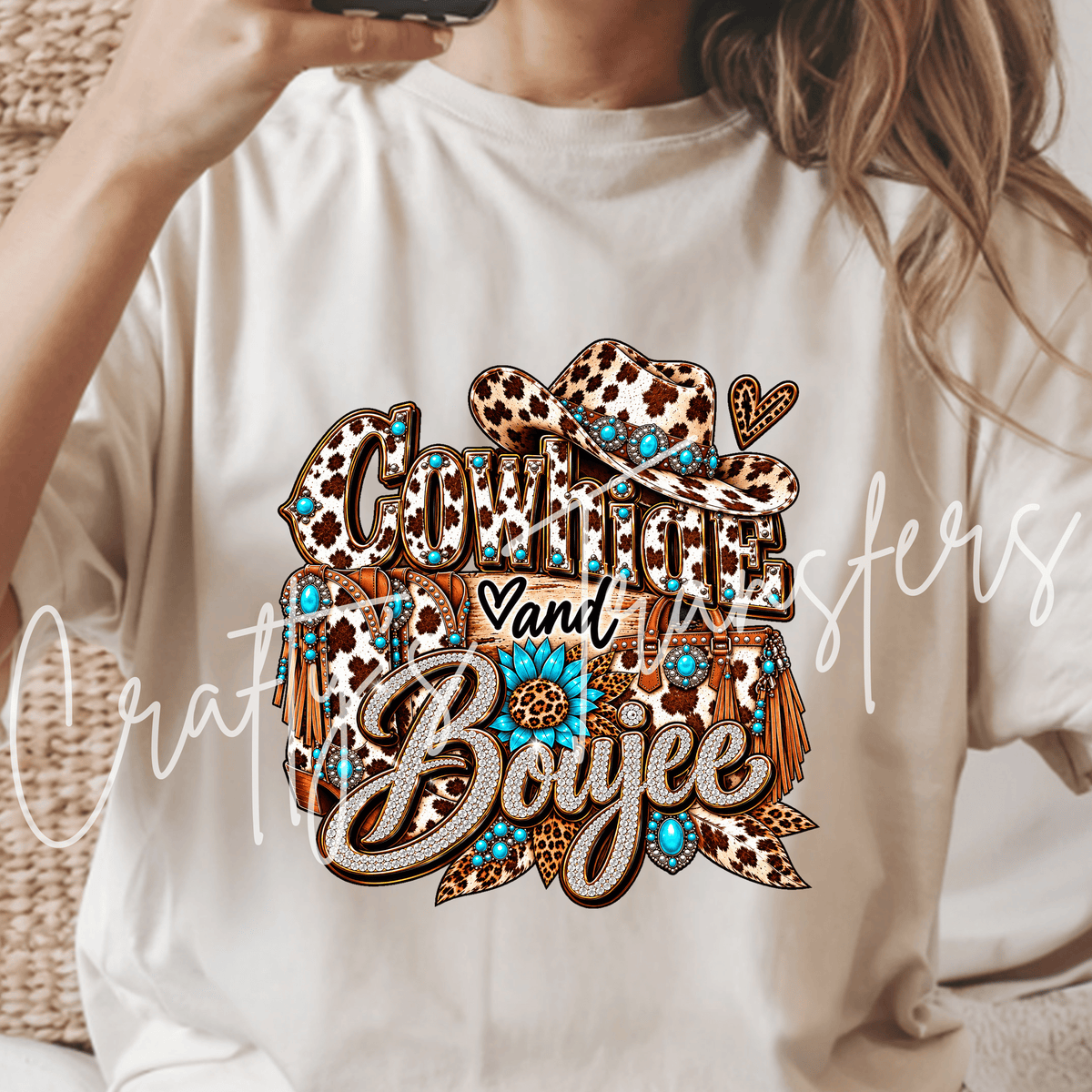 Turquoise Cowgirl DTF Transfer Set – Western Cowhide Glam Girl Front & Back Design – Ready to Press DTF