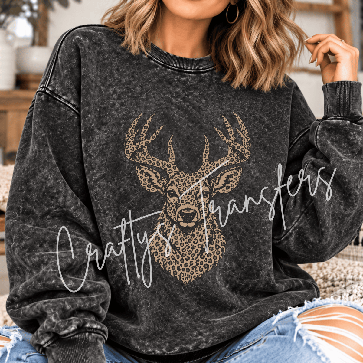 Leopard Print Deer DTF Transfer – Rustic Whitetail Buck Western Wildlife Graphic