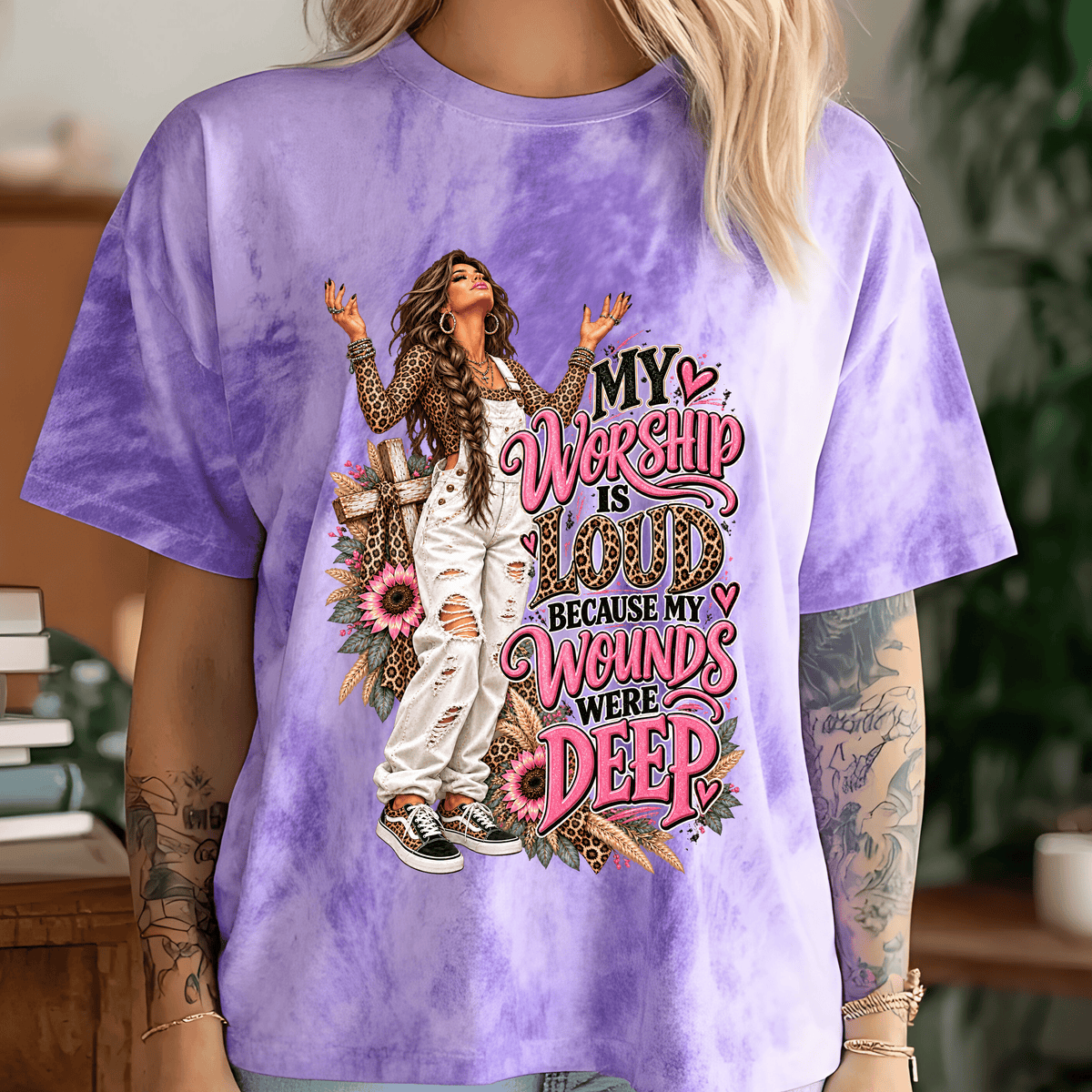 Christian Worship DTF Transfer – Faith Healing Woman Shirt Design – Pink Leopard Religious DTF