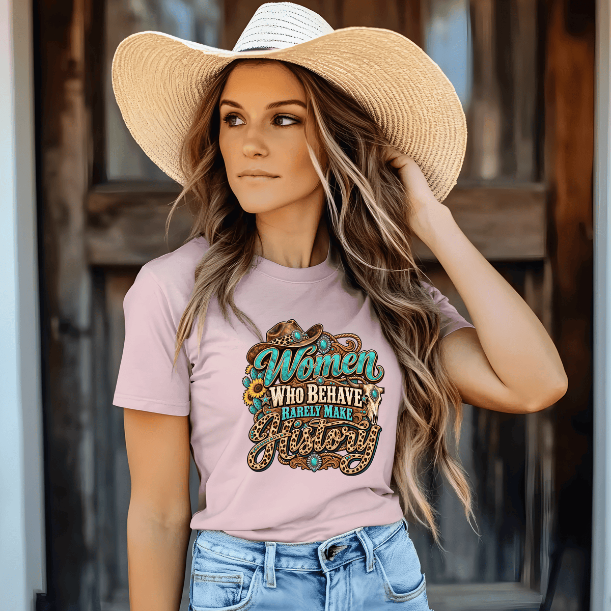 Women Who Behave Rarely Make History DTF Transfer – Turquoise Western Cowgirl Graphic – Ready to Press DTF