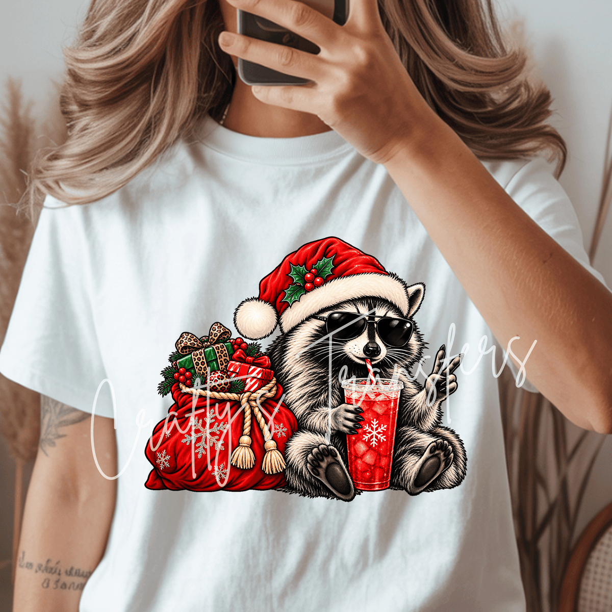 Christmas Raccoon DTF Transfer – Funny Santa Hat Raccoon with Holiday Gifts Graphic