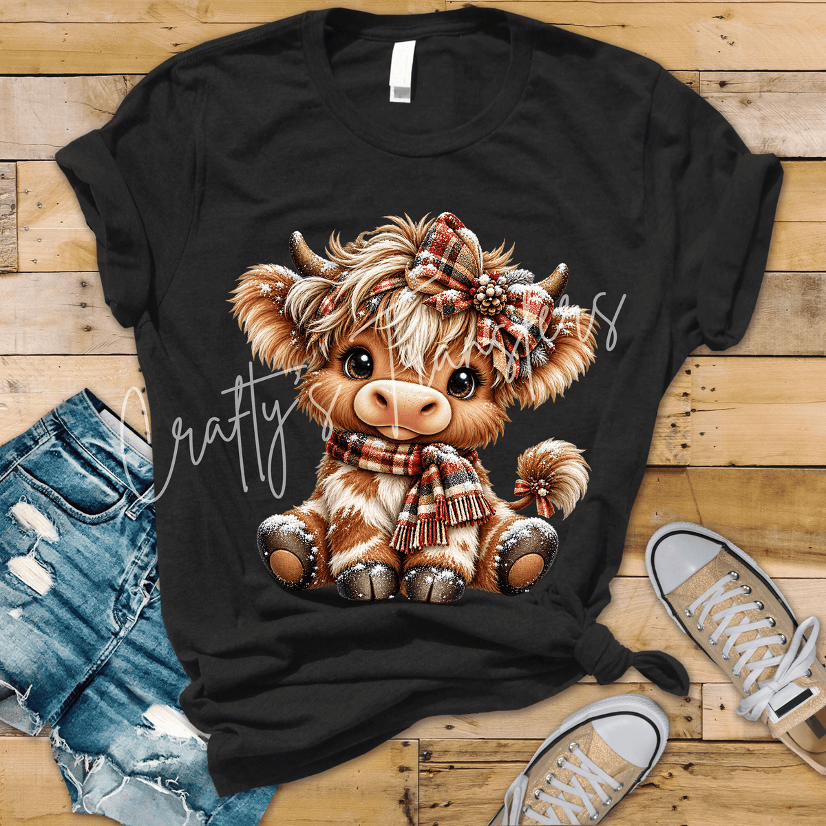 Snowy Highland Cow DTF Transfer – Cute Christmas Calf with Plaid Bow & Winter Scarf