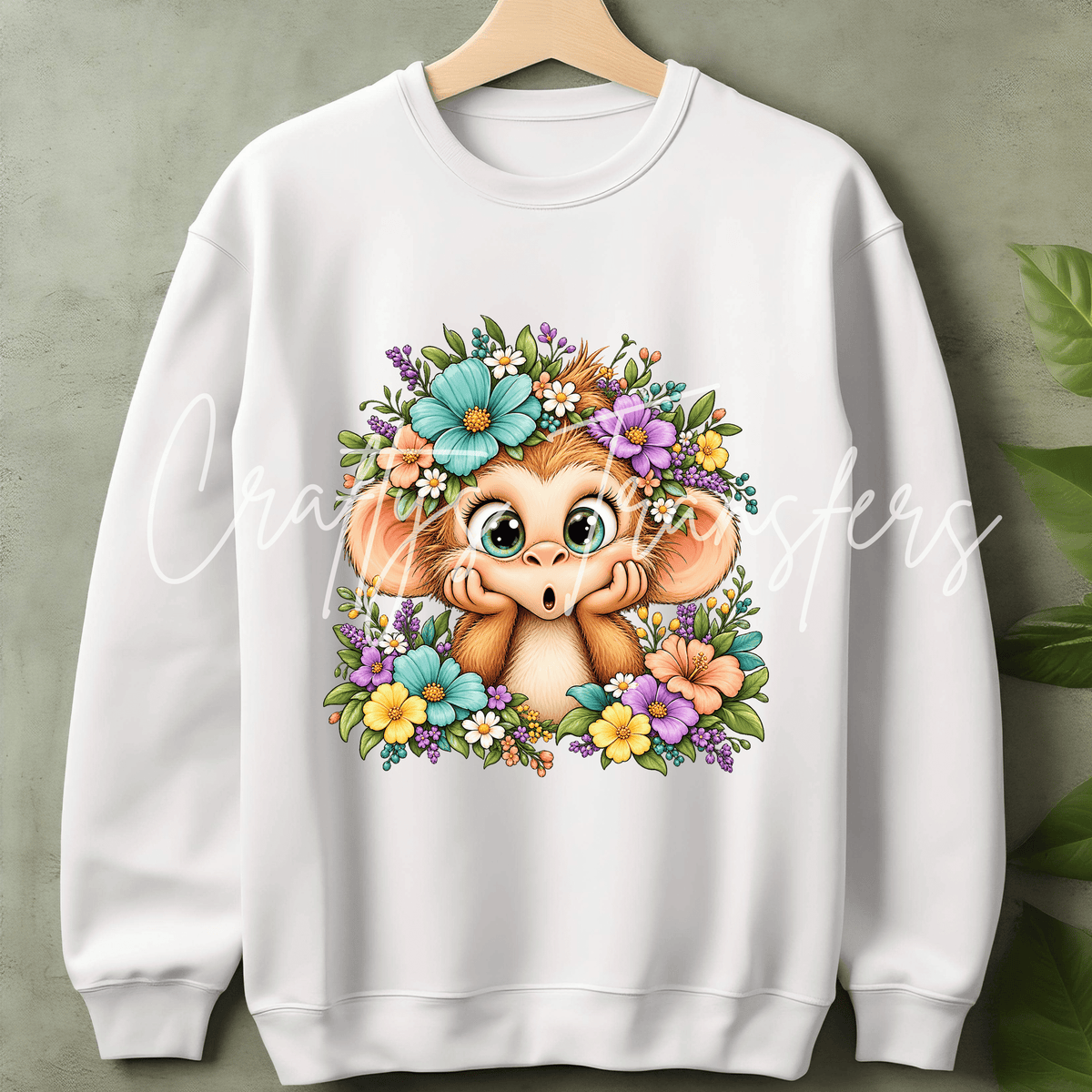 Cute Floral Baby Monkey DTF Transfer – Big Eyed Monkey with Colorful Spring Flowers Graphic