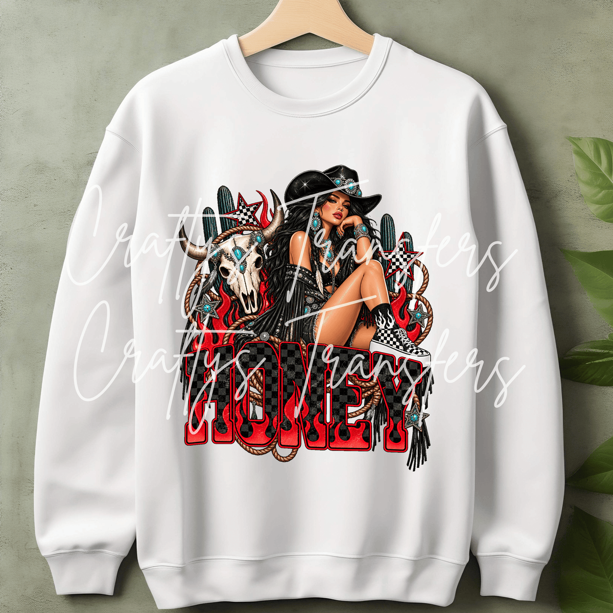 Honey Cowgirl DTF Transfer – Western Glam Girl Cow Skull Graphic – Checkerboard & Turquoise Ready to Press DTF