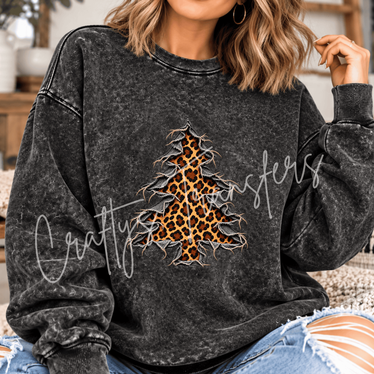 Leopard Christmas Tree DTF Transfer – Torn Fabric Animal Print Holiday Graphic – Ready to Press DTF