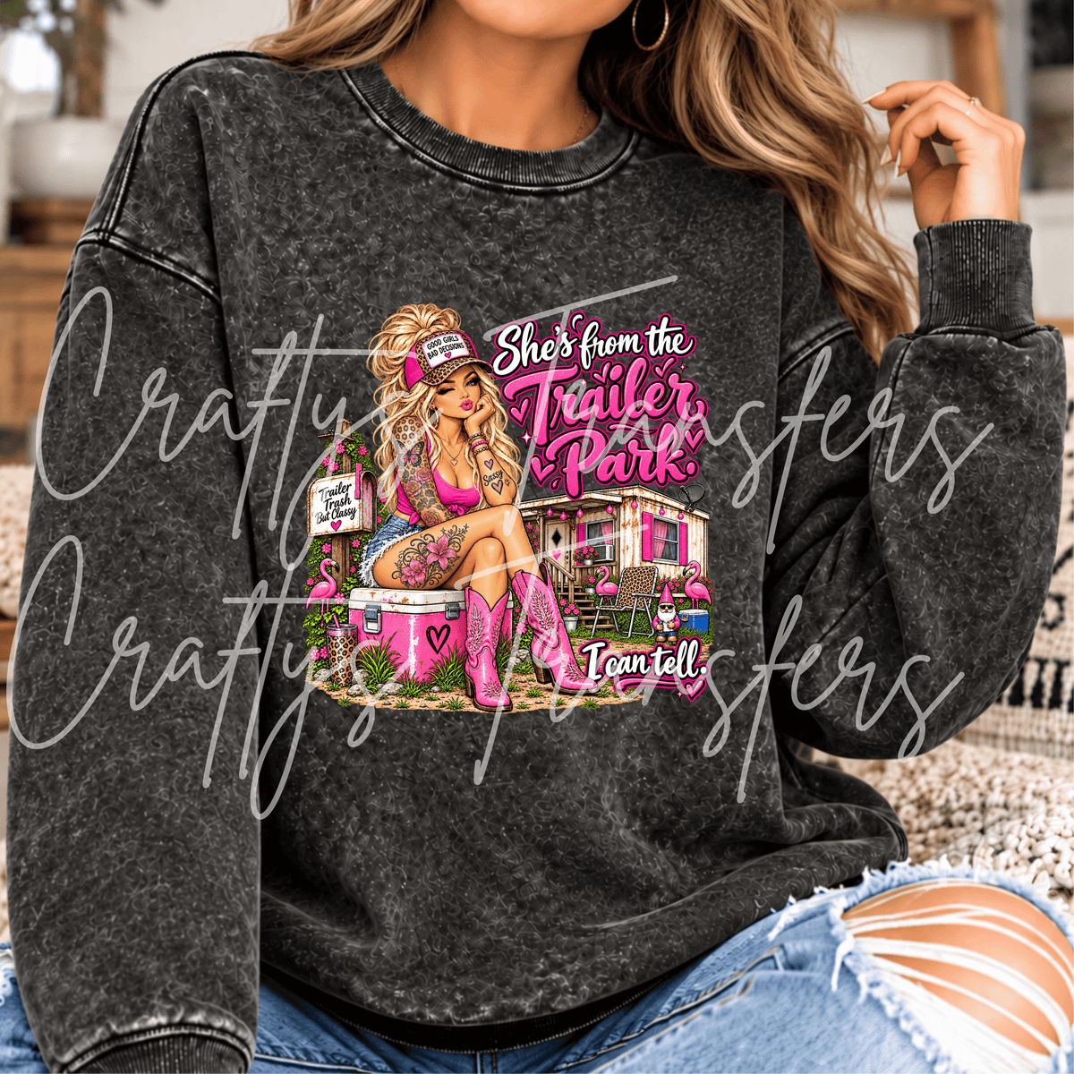 Trailer Park Glam Girl DTF Transfer – Pink Cowgirl Trailer Humor Graphic – Ready to Press DTF