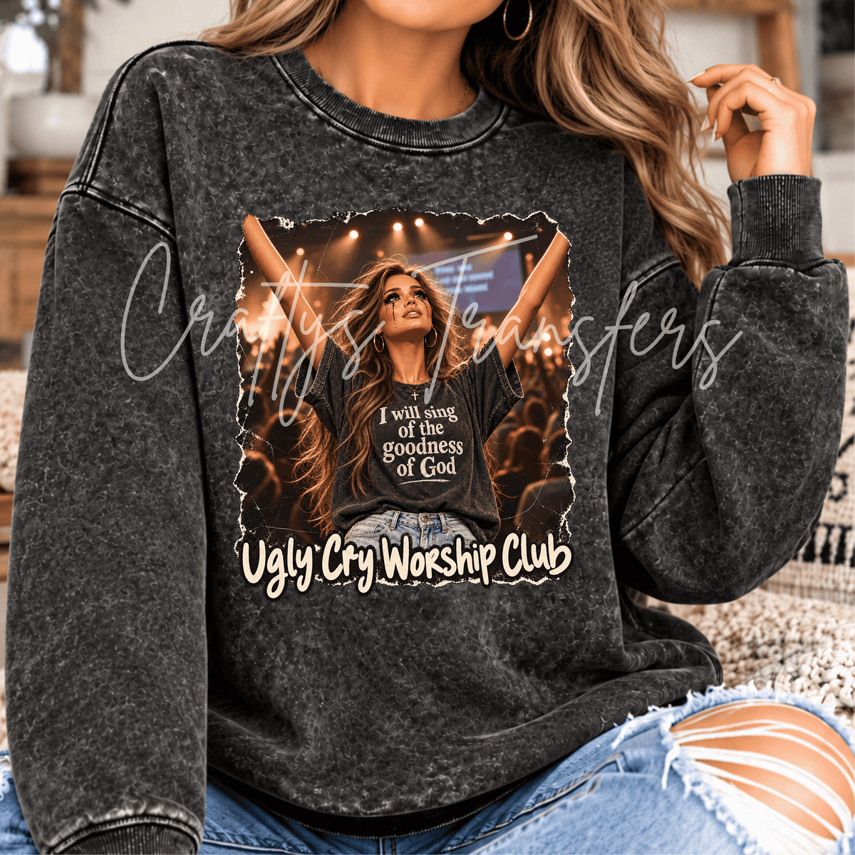 Brunette Christian Worship Girl DTF Transfer – Emotional Praise & Faith Inspired Graphic