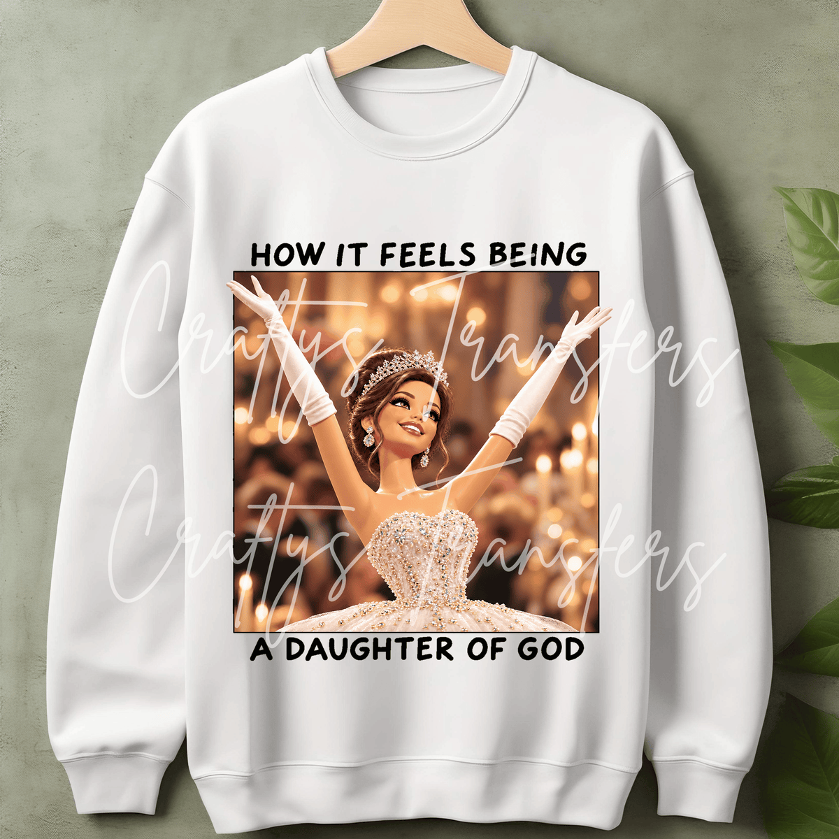 Christian Princess DTF Transfer – Glamorous Faith Girl Tiara & Elegant Gown Graphic