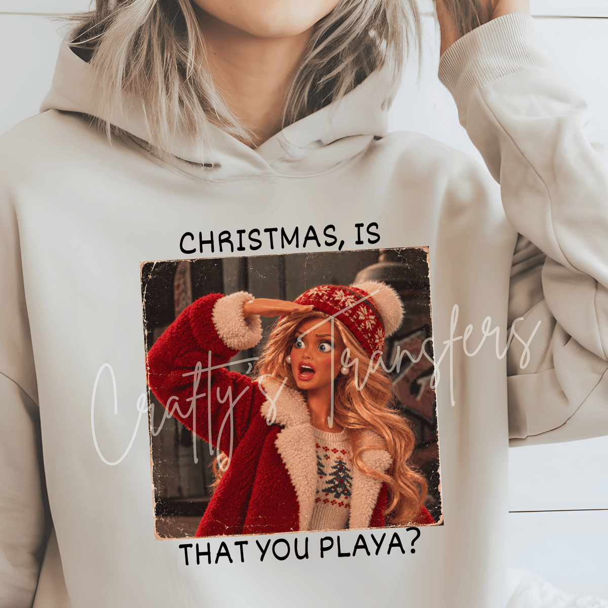 Funny Christmas Glam Girl DTF Transfer – Surprised Blonde Winter Fashion Doll Graphic