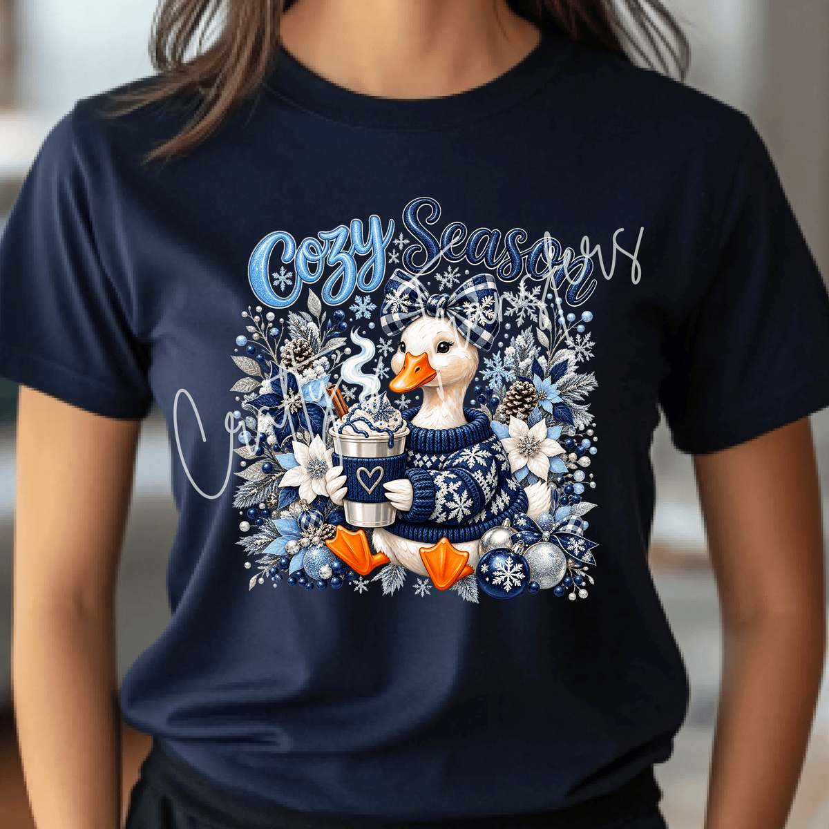 Cozy Season Goose DTF Transfer – Blue Winter Goose with Snowflakes, Bow & Hot Cocoa Graphic