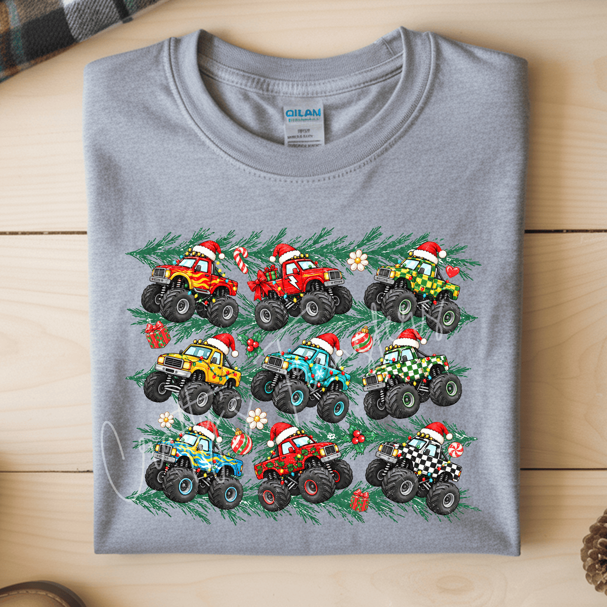 Christmas Monster Trucks DTF Transfer – Colorful Holiday Trucks with Santa Hats & Christmas Lights Graphic