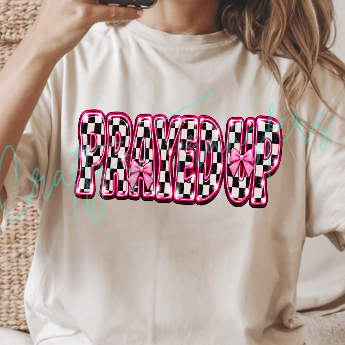 Prayed Up DTF Transfer – Pink Bow Black & White Checkered Christian Faith Graphic