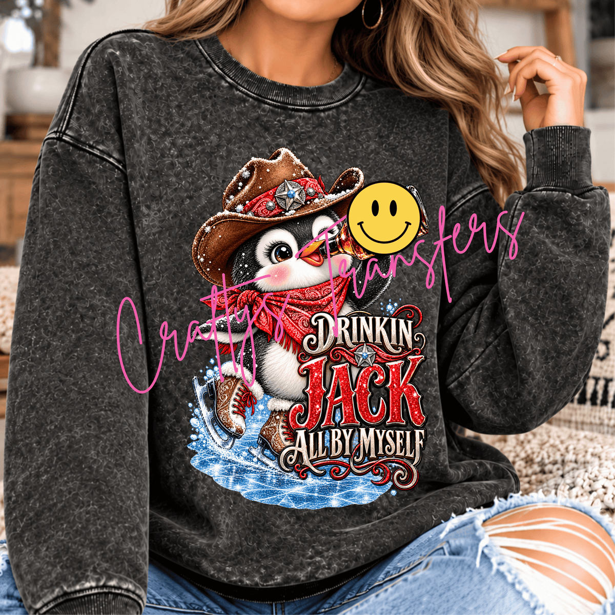 Funny Cowboy Penguin DTF Transfer – Western Winter Ice Skating Penguin Graphic
