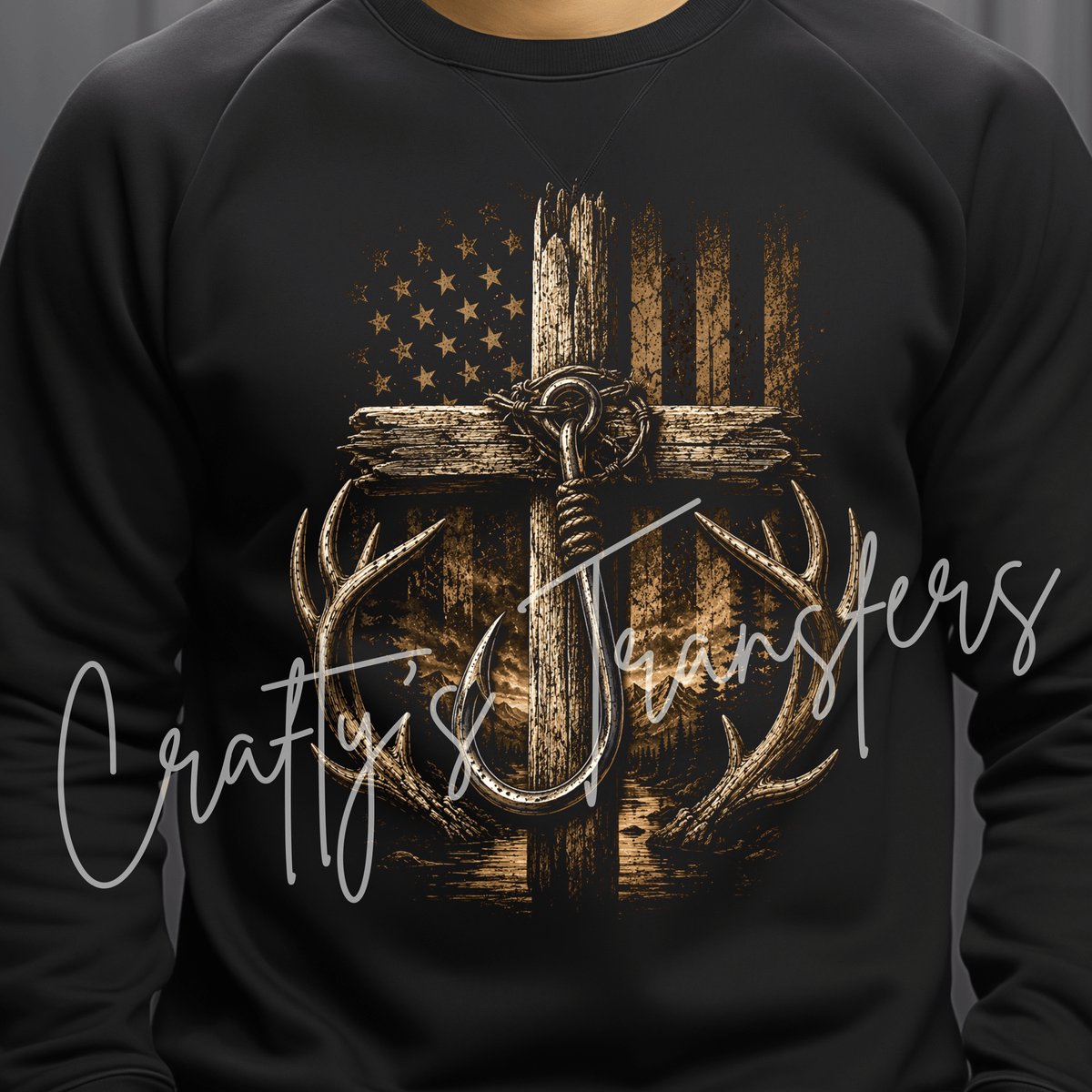 Rustic Hunting Cross DTF Transfer – Fish Hook Cross Deer Antlers American Flag Outdoor Faith Graphic