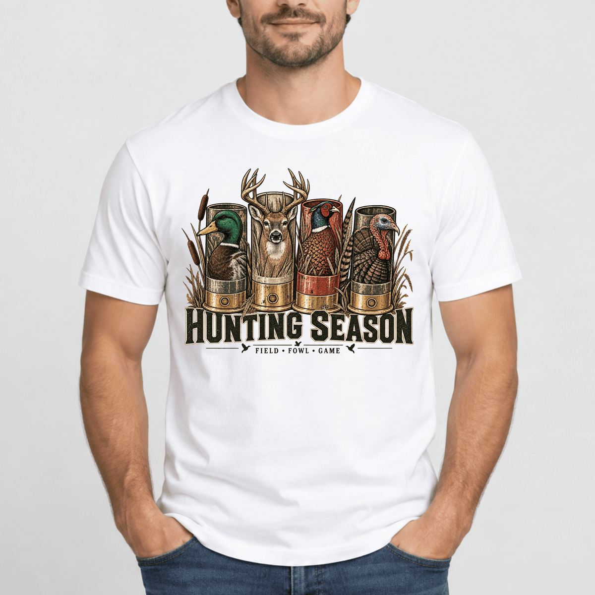 Hunting Season DTF Transfer – Vintage Shotgun Shells Deer Duck Pheasant Turkey Wildlife Graphic