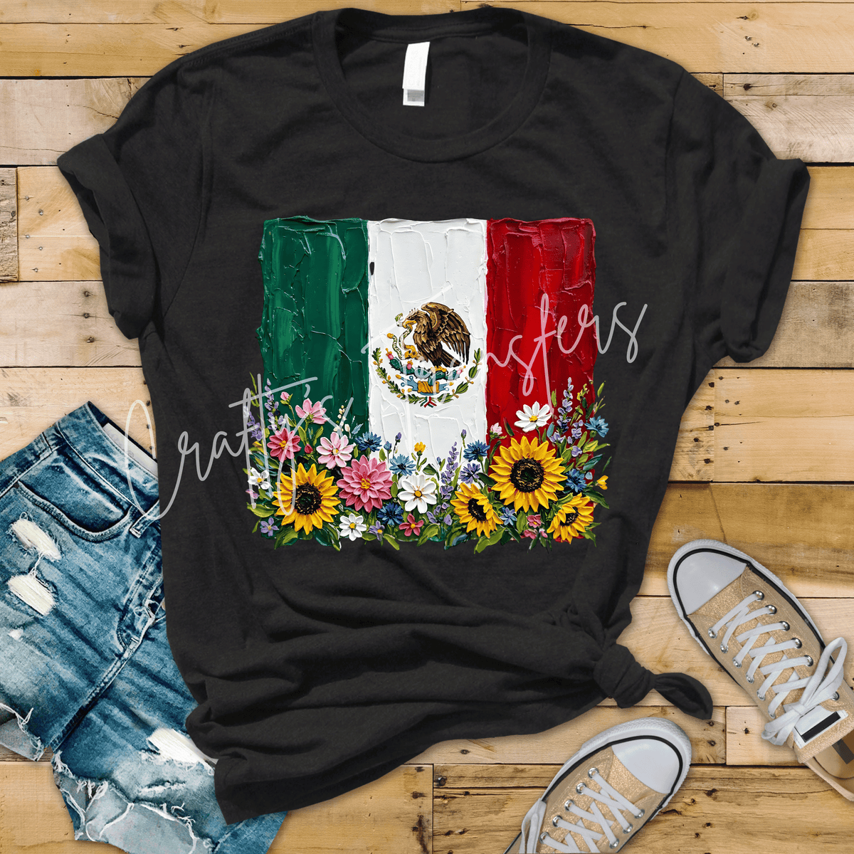 Mexican Flag Floral DTF Transfer – Textured Mexico Flag with Sunflowers & Colorful Wildflowers