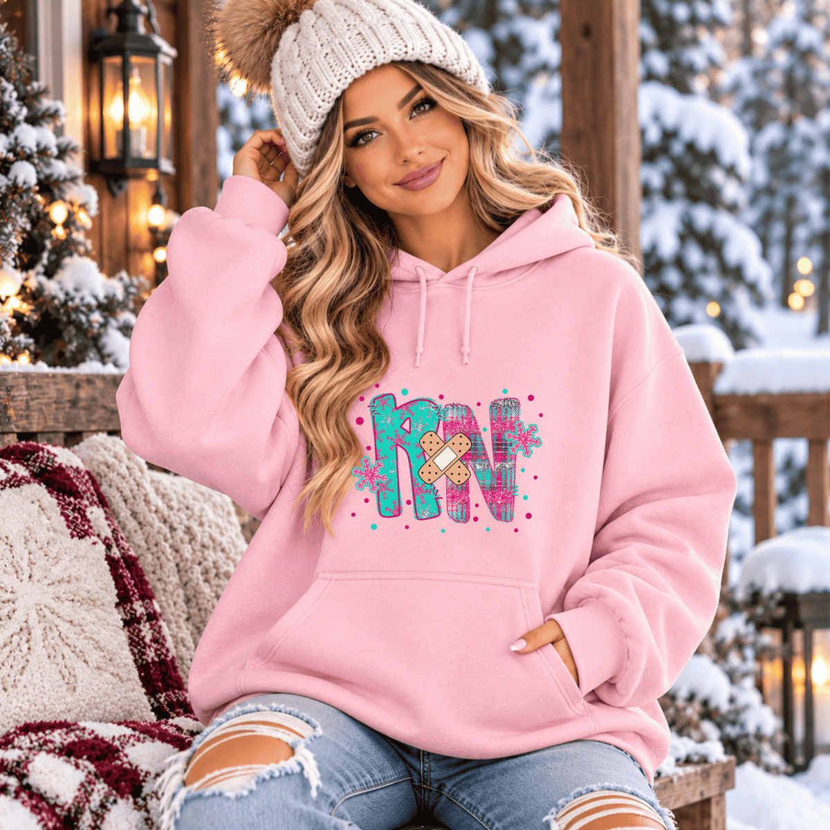 RN Nurse Winter DTF Transfer – Pink & Turquoise Plaid Nursing Graphic with Bandage & Snowflakes