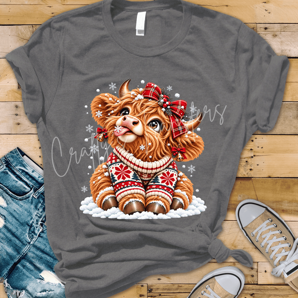 Christmas Highland Cow DTF Transfer – Cute Baby Cow in Holiday Sweater with Red Plaid Bow & Snowflakes