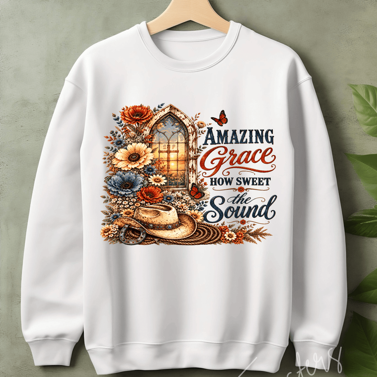 Amazing Grace DTF Transfer – Rustic Western Christian Floral Church Window Graphic