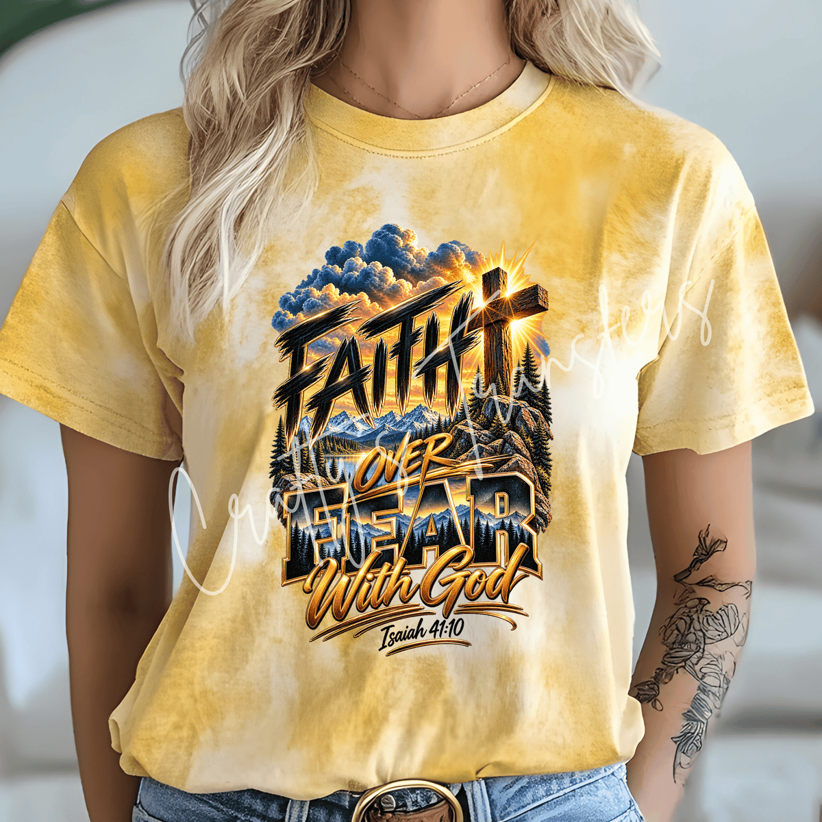 Faith Over Fear DTF Transfer – Isaiah 41:10 Christian Cross Mountain Sunset Graphic