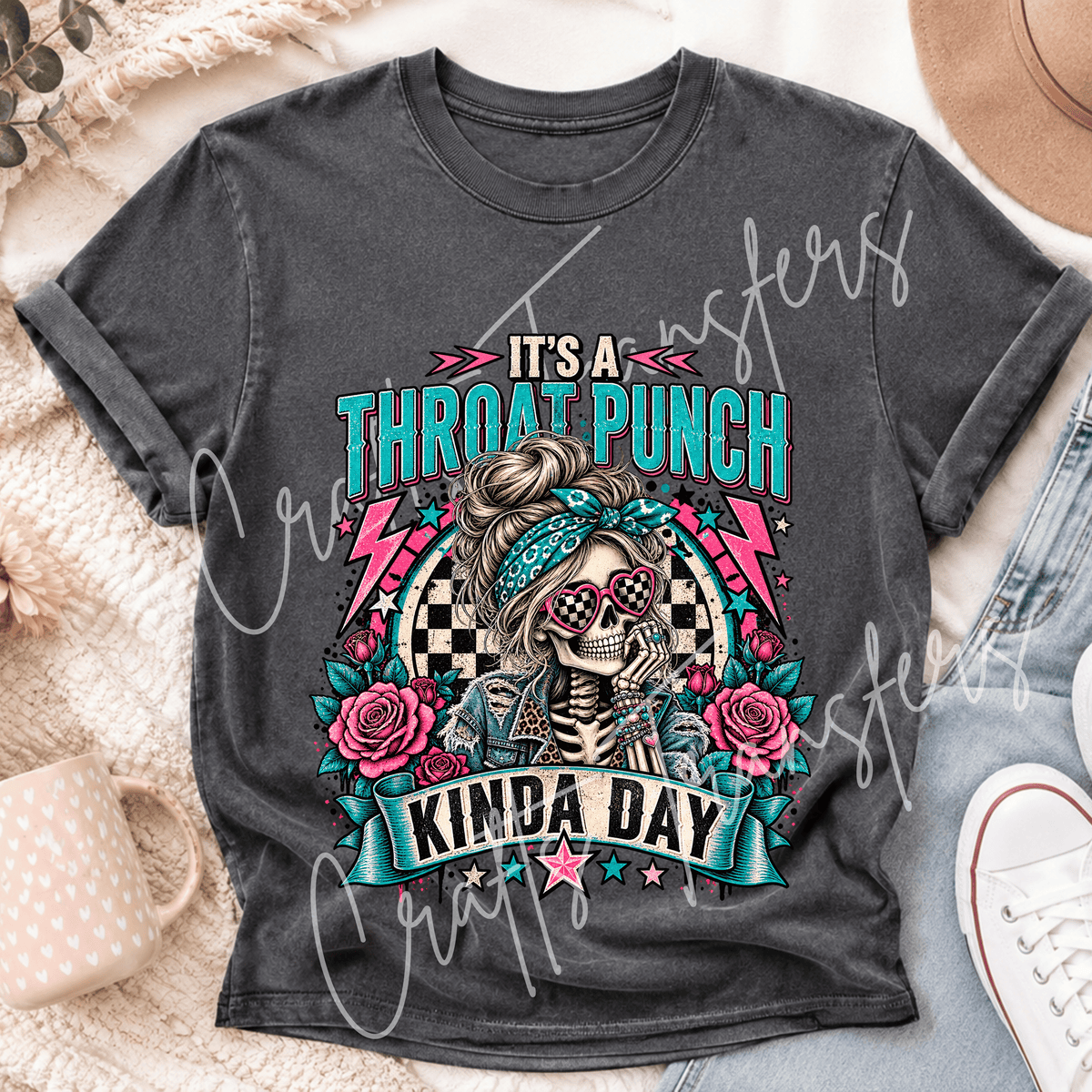 Throat Punch Kinda Day DTF Transfer – Funny Sarcastic Skeleton Girl Graphic – Ready to Press DTF